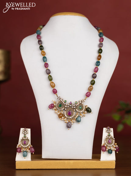 Beaded multicolour necklace with kemp & cz stones and pearl & beads hanging in victotrian finish