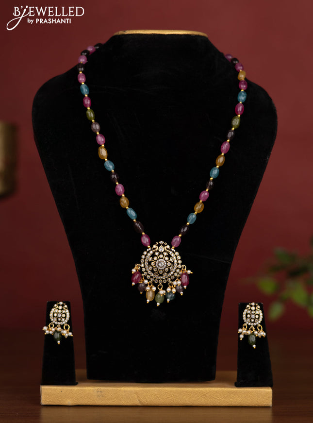 Beaded multicolour necklace with cz stones and pearl & beads hanging in victotrian finish