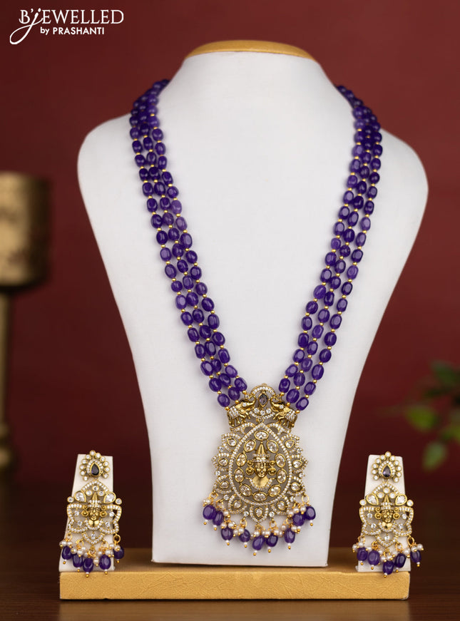 Beaded triple layer violet necklace tirupati balaji pendant with cz stones and pearl & beads hanging in victotrian finish