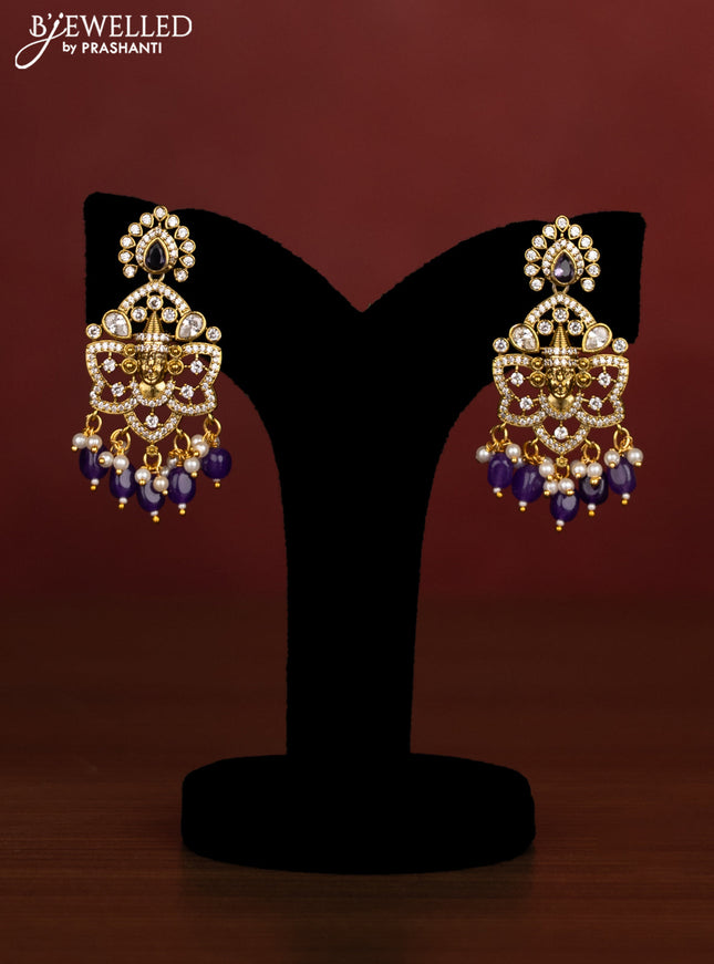 Beaded triple layer violet necklace tirupati balaji pendant with cz stones and pearl & beads hanging in victotrian finish