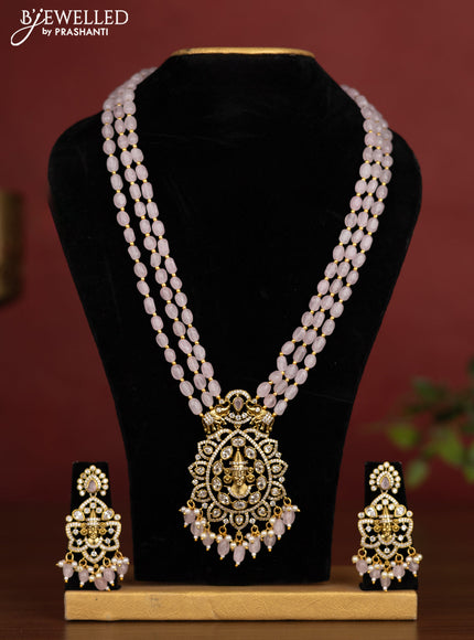 Beaded triple layer baby pink necklace tirupati balaji pendant with cz stones and pearl & beads hanging in victotrian finish