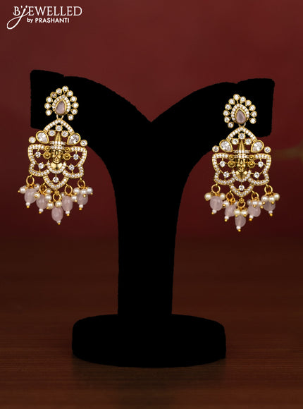 Beaded triple layer baby pink necklace tirupati balaji pendant with cz stones and pearl & beads hanging in victotrian finish