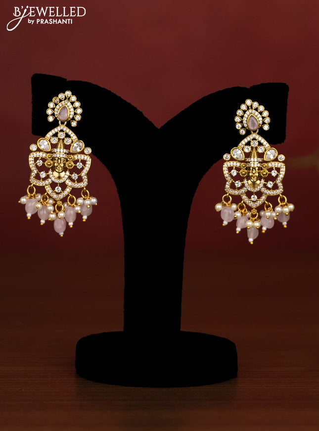 Beaded triple layer baby pink necklace tirupati balaji pendant with cz stones and pearl & beads hanging in victotrian finish