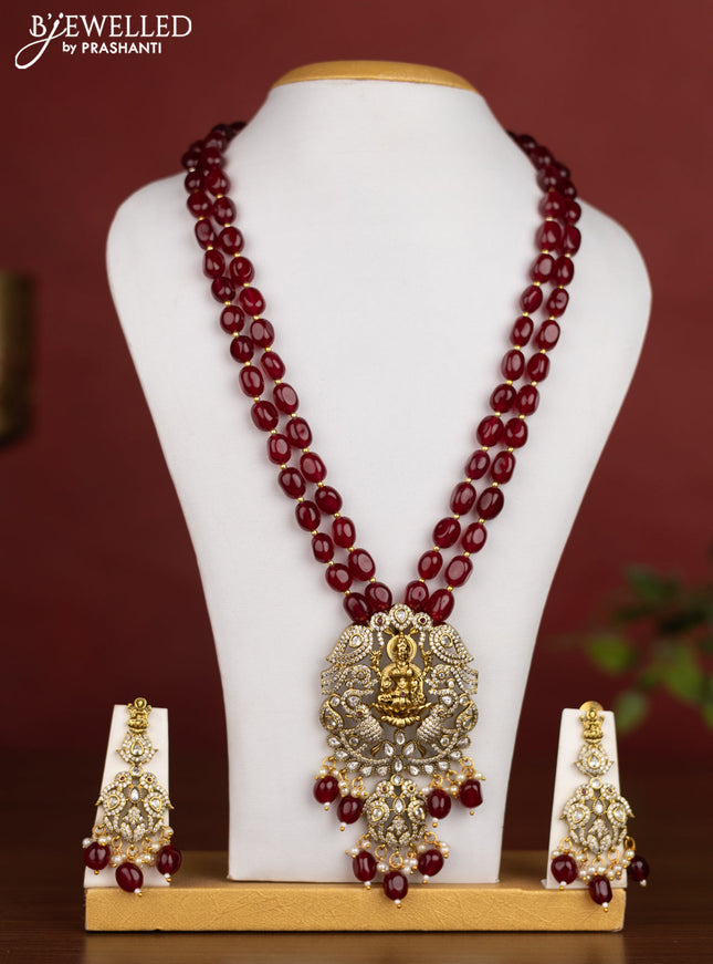 Beaded double layer maroon necklace lakshmi pendant with kundan & cz stones and pearl & beads hanging in victotrian finish