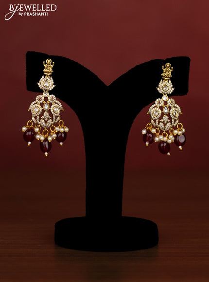 Beaded double layer maroon necklace lakshmi pendant with kundan & cz stones and pearl & beads hanging in victotrian finish