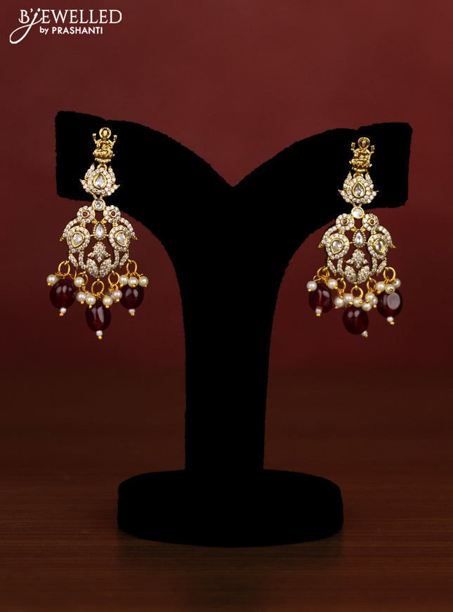 Beaded double layer maroon necklace lakshmi pendant with kundan & cz stones and pearl & beads hanging in victotrian finish