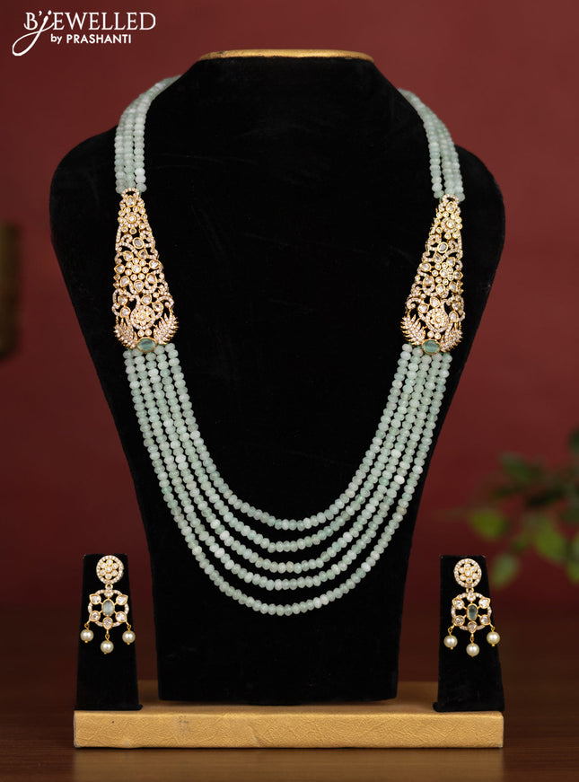 Beaded multilayer mint green necklace with cz stones side pendant in victotrian finish