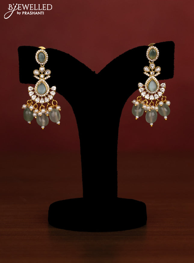 Beaded double layer mint green necklace with kundan & cz stones and pearl & beads hanging in victotrian finish