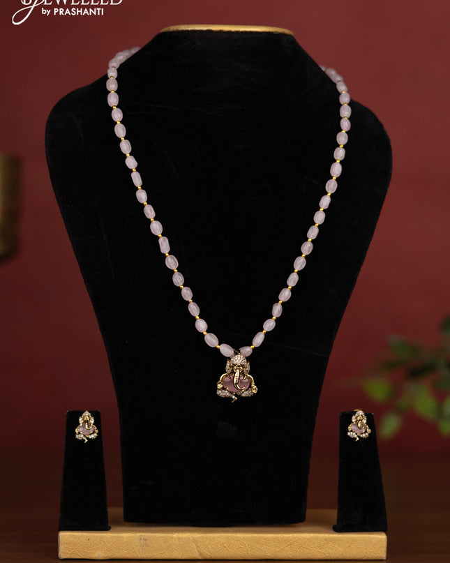 Beaded baby pink necklace ganesha pendant with cz stones in victotrian finish