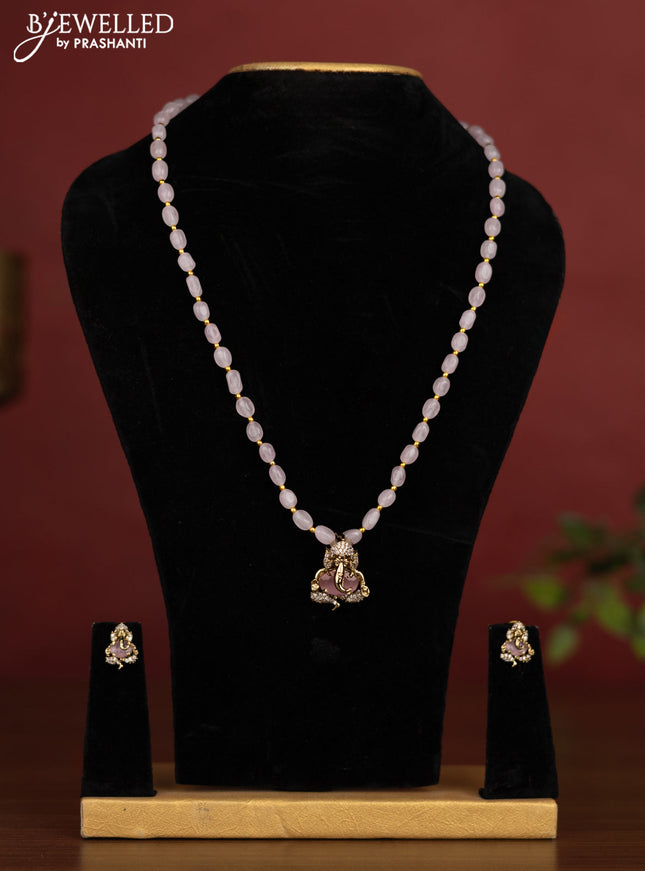Beaded baby pink necklace ganesha pendant with cz stones in victotrian finish