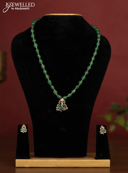 Beaded mint green necklace ganesha pendant with cz stones in victotrian finish