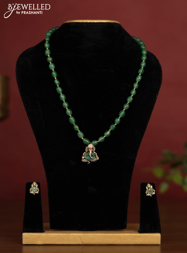 Beaded mint green necklace ganesha pendant with cz stones in victotrian finish