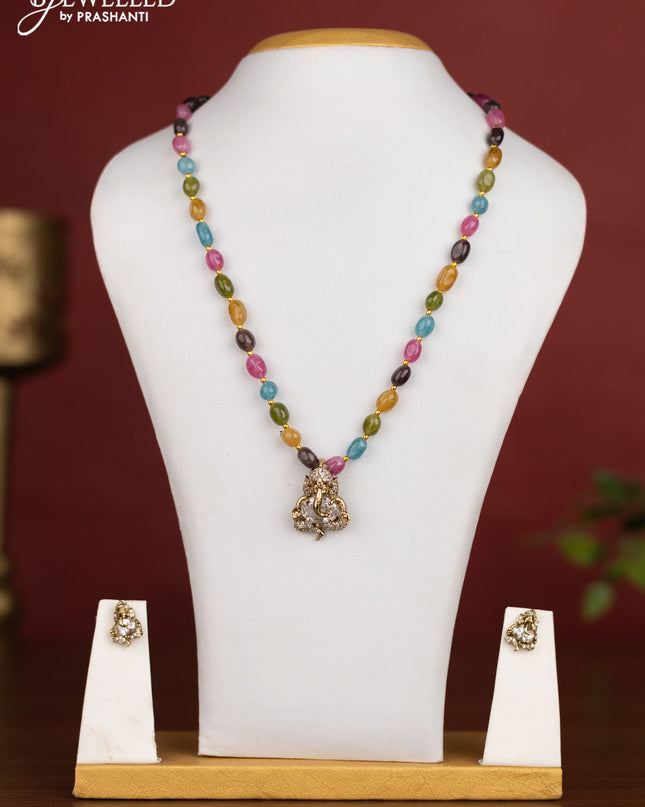 Beaded multicolour necklace ganesha pendant with cz stones in victotrian finish