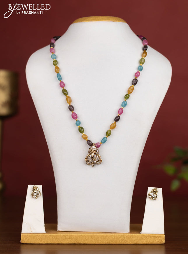 Beaded multicolour necklace ganesha pendant with cz stones in victotrian finish