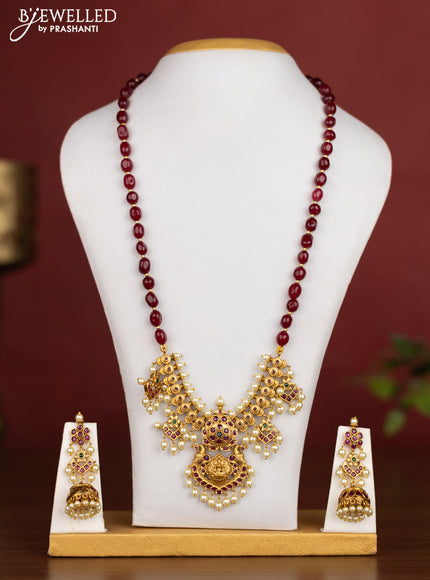Beaded maroon necklace lakshmi pendant with kemp stones and pearl hangings