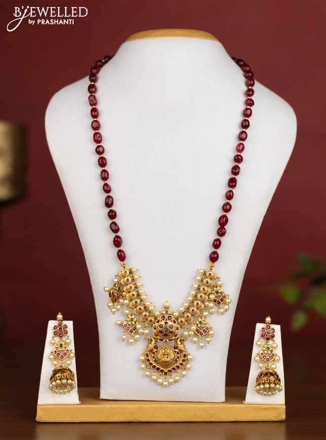Beaded maroon necklace lakshmi pendant with kemp stones and pearl hangings