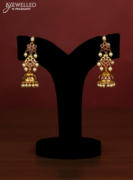 Beaded maroon necklace lakshmi pendant with kemp stones and pearl hangings