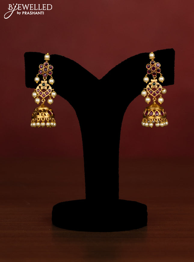 Beaded maroon necklace lakshmi pendant with kemp stones and pearl hangings