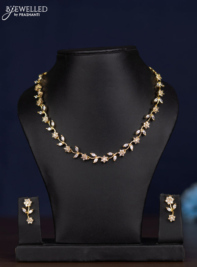 zircon necklace floral design with cz stones in gold finish
