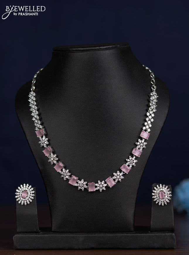 zircon necklace floral design with baby pink and cz stones