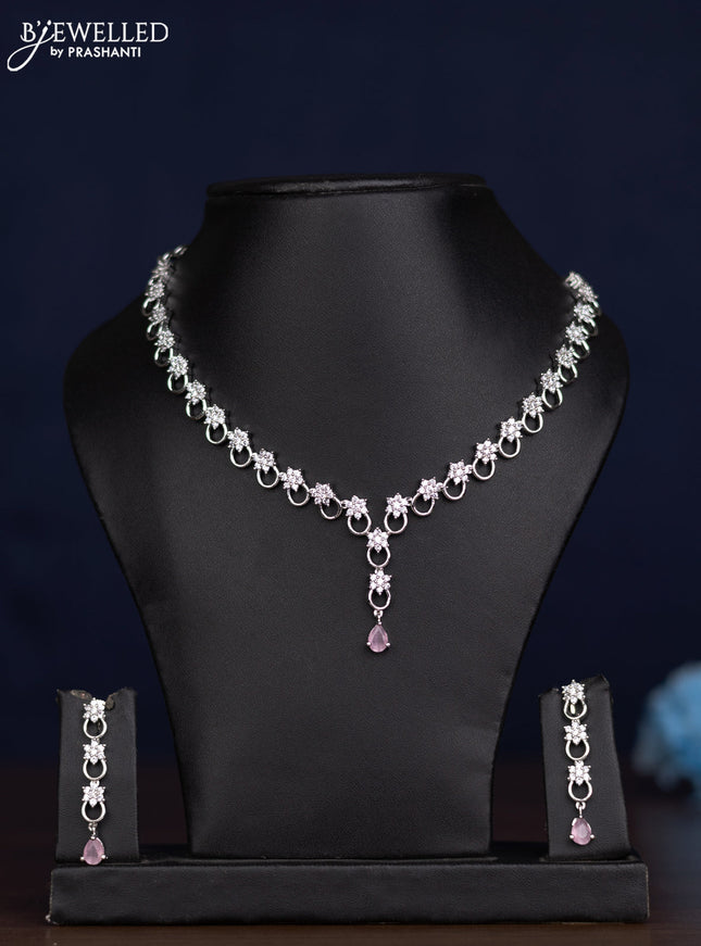 zircon necklace floral design with baby pink and cz stones