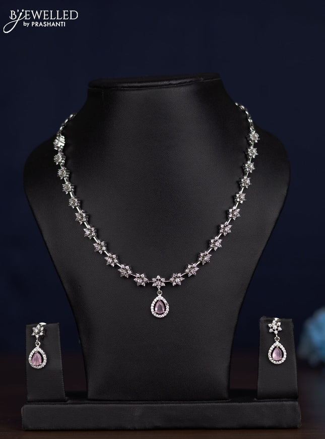 zircon necklace floral design with baby pink and cz stones
