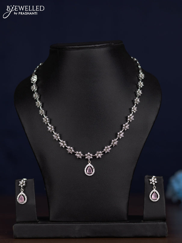 zircon necklace floral design with baby pink and cz stones