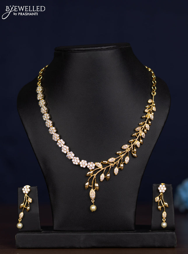 zircon necklace floral design with cz stones and pearl hanging with gold finish