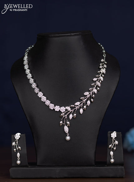 zircon necklace floral design with cz stones and pearl hanging