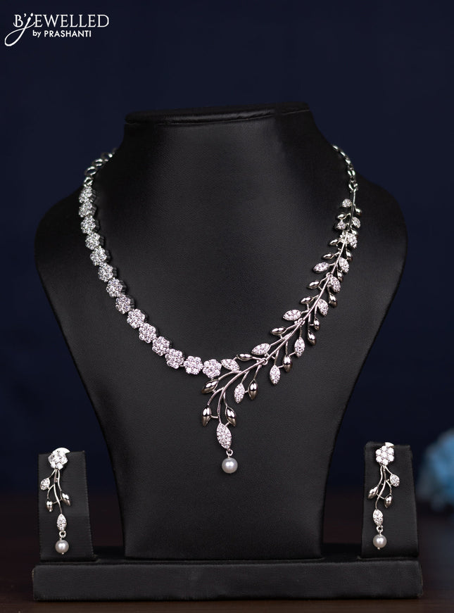 zircon necklace floral design with cz stones and pearl hanging