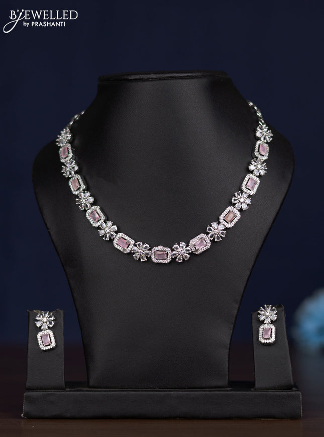 zircon necklace floral design with baby pink and cz stones