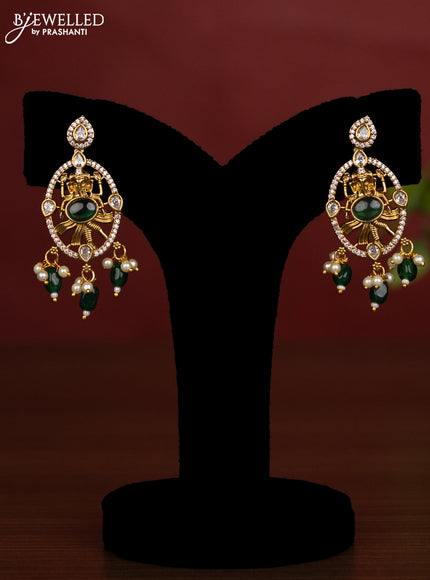 Beaded double layer green necklace ganesha pendant with emerald & cz stones and pearl & beads hanging in victorian finish