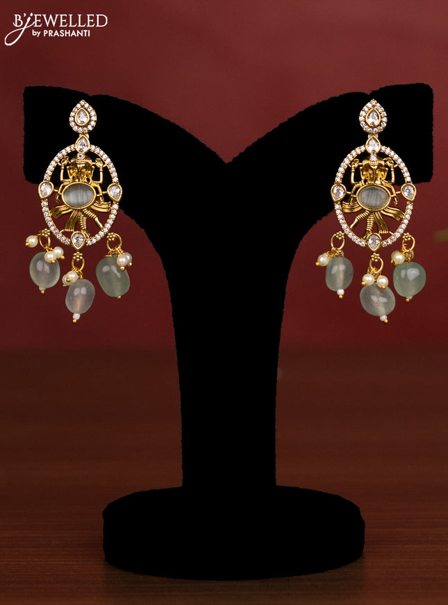 Beaded double layer mint green necklace ganesha pendant with cz stones and pearl & beads hanging in victorian finish