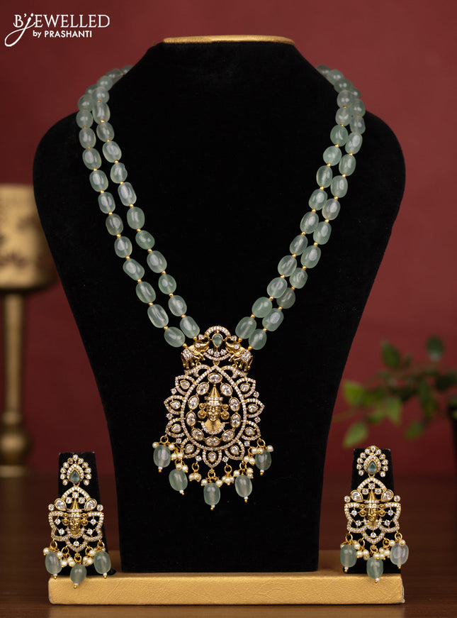 Beaded double layer mint green necklace tiruapti balaji pendant with cz stones and pearl & beads hanging in victorian finish