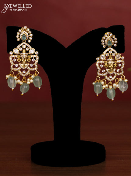 Beaded double layer mint green necklace tiruapti balaji pendant with cz stones and pearl & beads hanging in victorian finish