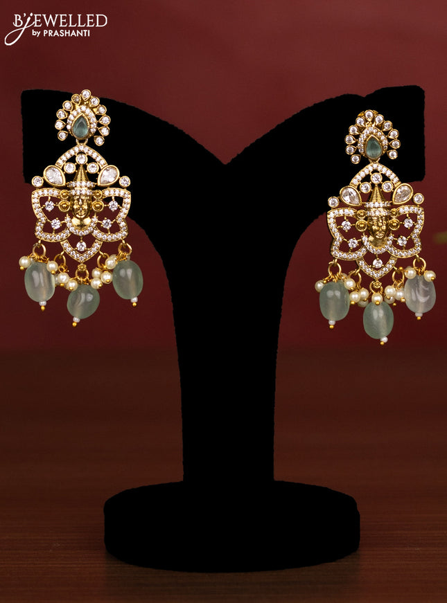 Beaded double layer mint green necklace tiruapti balaji pendant with cz stones and pearl & beads hanging in victorian finish