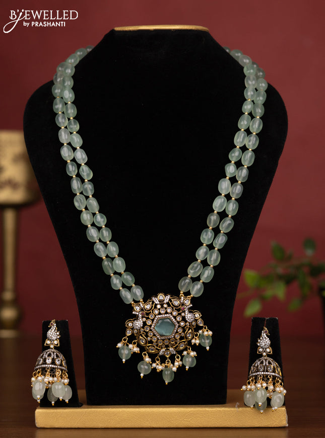 Beaded double layer mint green necklace with cz stones and pearl & beads hanging in victorian finish