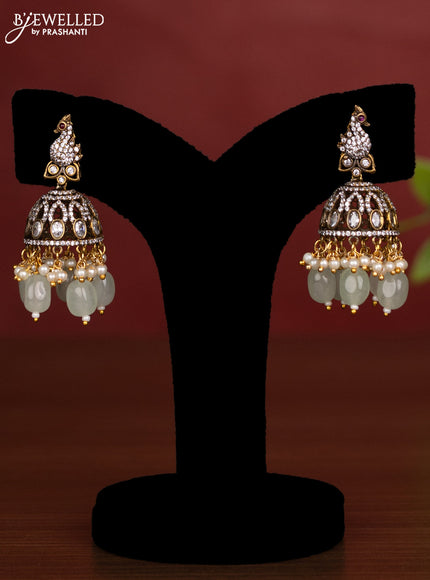 Beaded double layer mint green necklace with cz stones and pearl & beads hanging in victorian finish