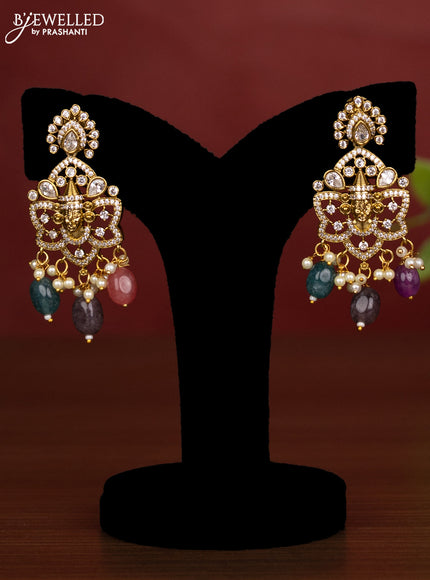 Beaded double layer multicolour necklace tiruapti balaji pendant with cz stones and pearl & beads hanging in victorian finish