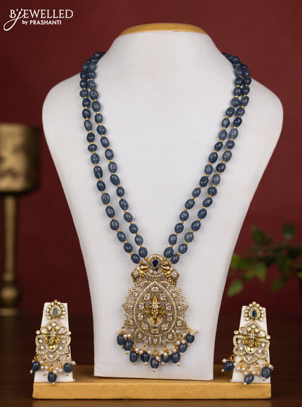 Beaded double layer blue necklace tiruapti balaji pendant with sapphire & cz stones and pearl & beads hanging in victorian finish