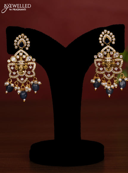 Beaded double layer blue necklace tiruapti balaji pendant with sapphire & cz stones and pearl & beads hanging in victorian finish