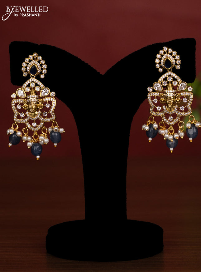 Beaded double layer blue necklace tiruapti balaji pendant with sapphire & cz stones and pearl & beads hanging in victorian finish