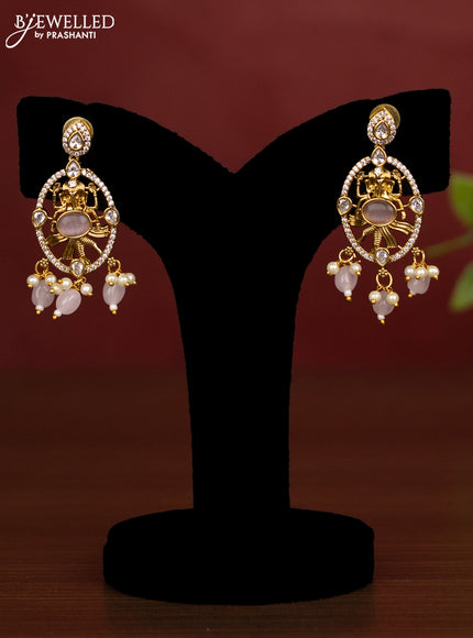 Beaded double layer baby pink necklace ganesha pendant with cz stones and pearl & beads hanging in victorian finish