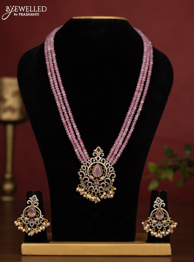 Beaded triple layer baby pink necklace with cz stones and pearl & beads hanging in victorian finish