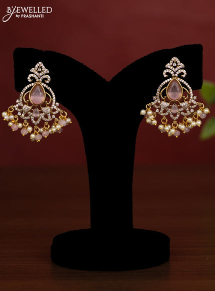 Beaded triple layer baby pink necklace with cz stones and pearl & beads hanging in victorian finish