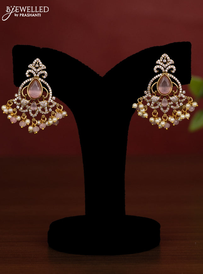 Beaded triple layer baby pink necklace with cz stones and pearl & beads hanging in victorian finish