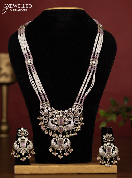 Beaded triple layer baby pink necklace with kundan & cz stones and pearl & beads hanging in victorian finish