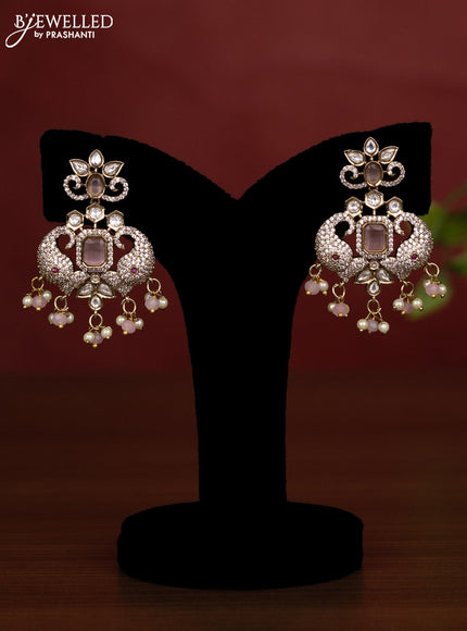 Beaded triple layer baby pink necklace with kundan & cz stones and pearl & beads hanging in victorian finish