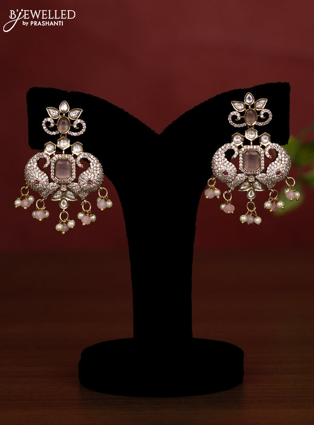 Beaded triple layer baby pink necklace with kundan & cz stones and pearl & beads hanging in victorian finish