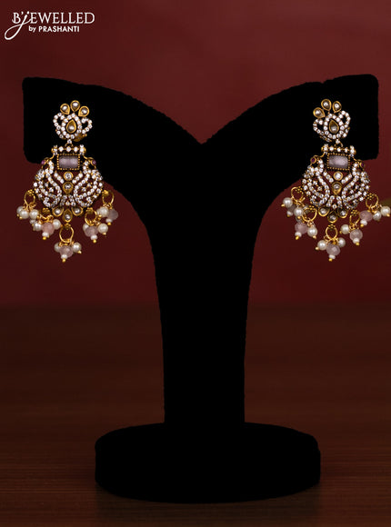 Beaded triple layer baby pink necklace with cz stones and pearl & beads hanging in victorian finish